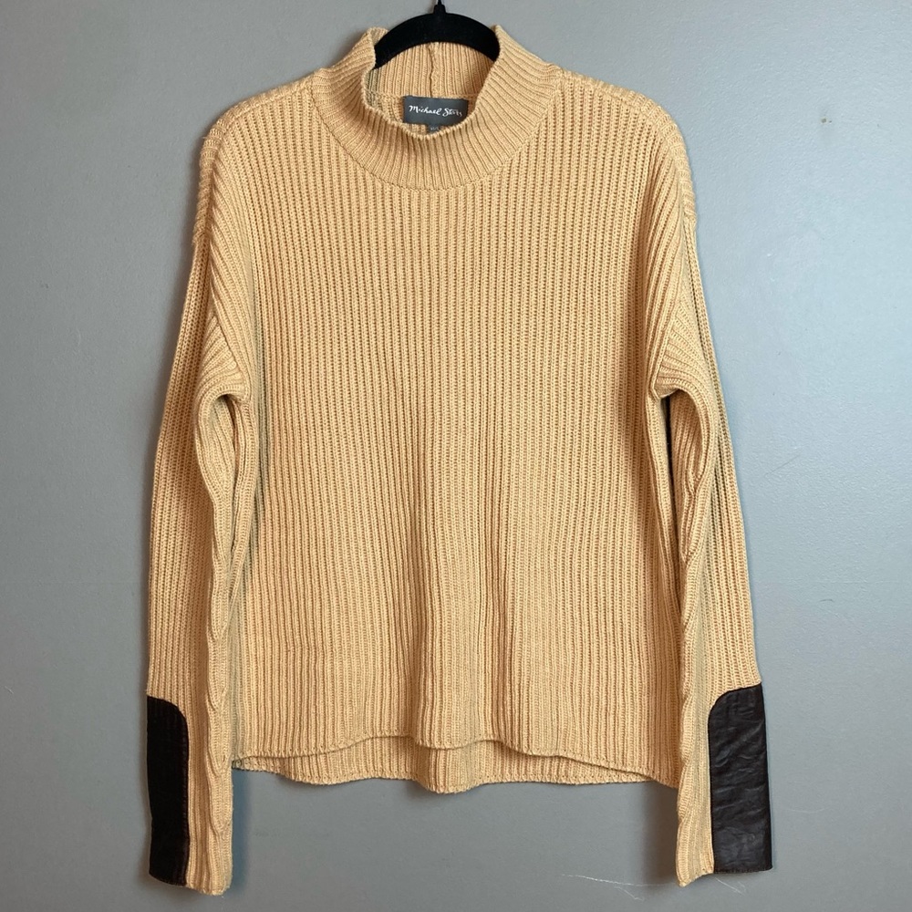 Michael Stars Sweater khaki with contrasting leather sleeve patches xs /small